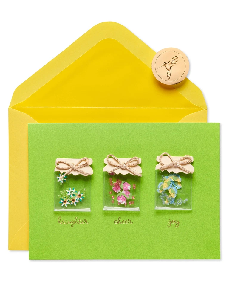 Tarjeta de cumpleaños premium de papiro con frascos de flores hechos a mano y sello de oro Foto 4 de 4