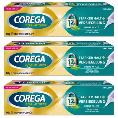 COREGA Ultra Haftcreme Starker Halt + Versiegelung für Zahnersatz Minze 3x 40g