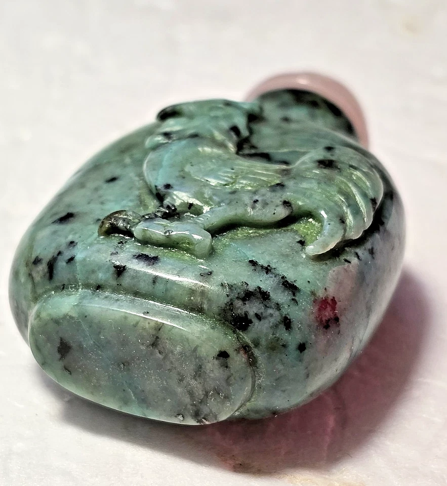 Antigua botella de tabaco de gallo tallado turquesa china África tapón de cuarzo rosa Foto 3 de 4