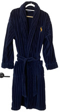 Vtg Polo Ralph Lauren Men's Robe Navy Ribbed Terry Velour Stripe Bathrobe O/S