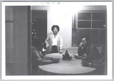 Vtg B&W Snapshot Asian Family Sitting Around Dining Table Interior Scene Feb