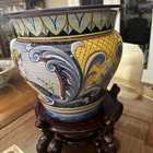 Deruta Planter Hand Painted Pottery Planter Made in Italy W Wood Stand — photo 4