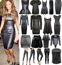 Ladies Women PVC PU Wet Look Leather Fashion Dress Tunic Skirt Top Leggings 8-26