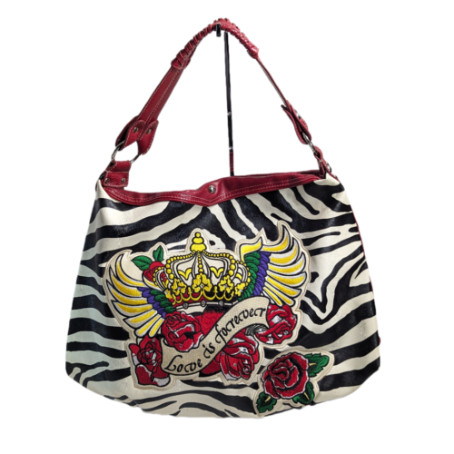 VTG Ed Hardy Zebra Print Love Is Forever Tote Purse EUC - Picture 1 of 10