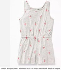 Girls Old Navy Gray Romper XL 14 Sleeveless Pink Flamingo 100 Cotton EUC