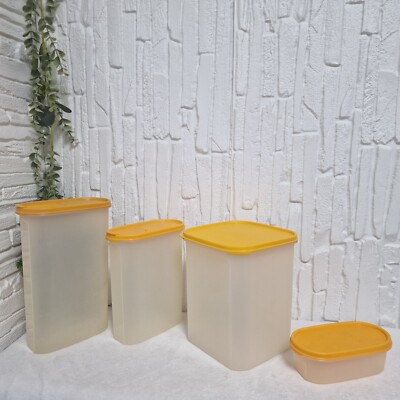 80er Vintage Tupperware Modular Mates Kanister - 4er Set, stapelbar, gelber Deckel