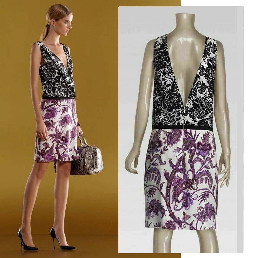 ROBE GUCCI PHOENIX OISEAUX SOIE FLEURIE DÉCOLLETÉ V SANS MANCHES 1 IT 40 US 4
