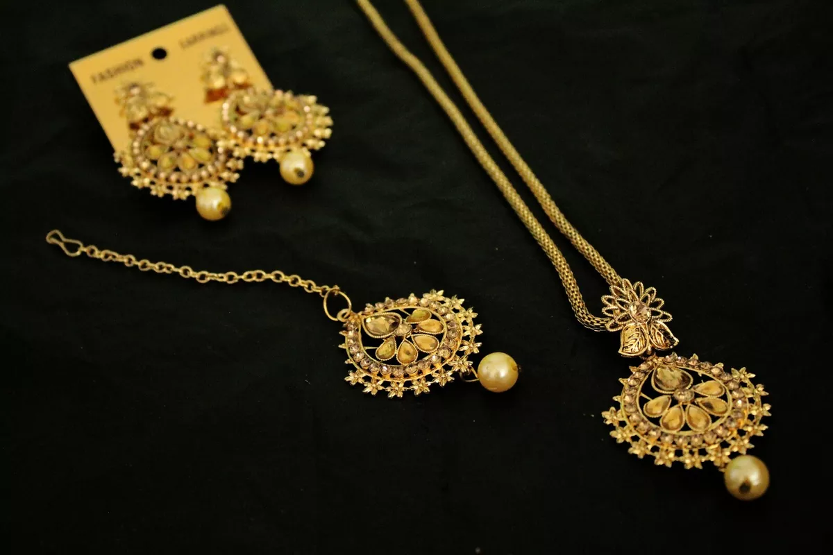 Gold Delicate Necklace Maang Tikka Earrings Indian Pakistani sets