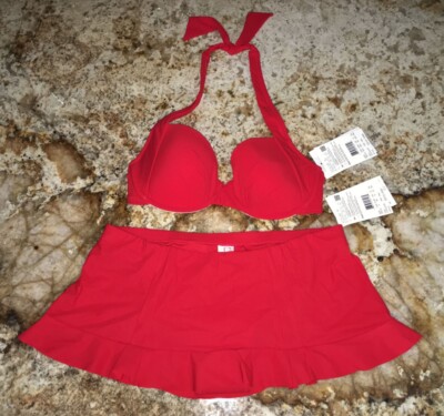 PROFILE GOTTEX Starlet Red Halter Top Skirted Swim Suit Womens Sz 8 / 32 D Cup