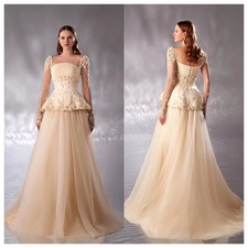 Delicate Tulle Evening Dress Square Collar Long Sleeves Appliques Zipper Back