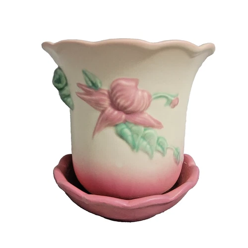 Vintage Hull Pottery Pink Floral Planter w/ Attached Saucer USA Art Pottery