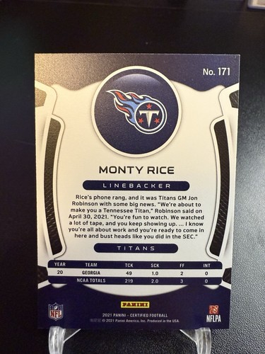 2021 Panini Certified - Rookies Monty Rice #171 Mirror Teal /50 (RC) - Picture 2 of 2