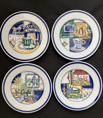Retired Set of 4 Williams Sonoma Blue Parisian Cafe Salad Appetizer Plates MINT