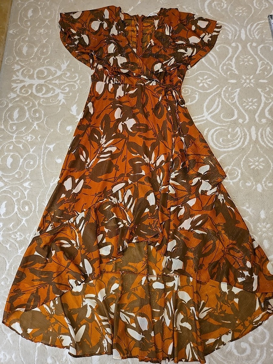 NWOT Calvin Klein Flutter Sleeve Wrap Maxi Dress Size 14 High Low Ruffle Hem