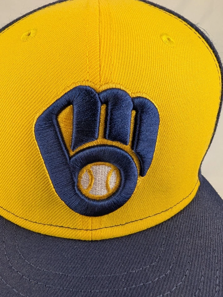 Sombrero New Era 59Fifty Talla 7 7/8 Milwaukee Brewers Guante Alterno Gorra Dorado Azul Foto 3 de 4
