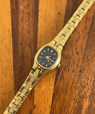 #ad Vintage Pulsar Watch Women Gold Tone Black Dial Dainty Quartz 16mm New Battery $26.99