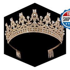 Fesciory Birthday Crown for Women, Gold Plated Crystal Tiara with Sash