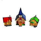 Vintage Tiffany Style Stained Glass Lighted Church Village Houses Set Holiday