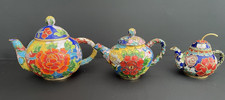 VTG Miniature Cloisonn  Tea Pots Lot X 3 floral enamel decorative accent