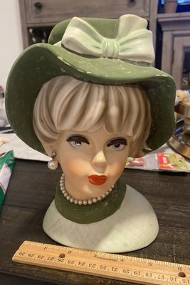 9'' Napco Common Large Hat Lady Head Vase/planter In Green C7496