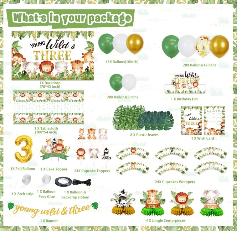 Joven Salvaje y Tres Decoraciones de Cumpleaños para Niños Niñas, 157 Piezas Safari en la Selva Foto 3 de 3