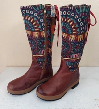 Socofy Leather Boots Womens 6.5 EU 37 Boho Folk Patchwork Lace Artsy Colorblock