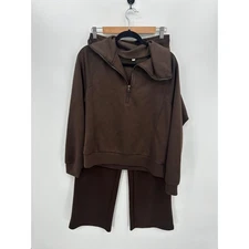 Chocolate Brown Lounge Set Two Piece Size M Quarter Zip Sweatshirt Sweatpants 