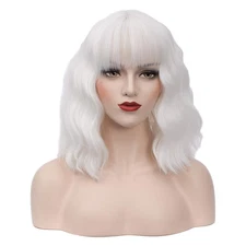14" Women Short Wavy Curly Wig White Bob Wig Cosplay Halloween Synthetic Wigs...