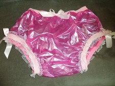 ABDL PINK PLASTIC GLITTERY NAPPY PANTS WHITE LACE TRIM SATIN BOWS M/L