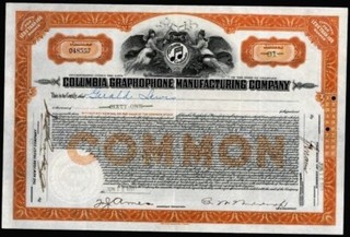 1921 PHONOGRAPH Columbia Graphophone Manufacaturing EX RARE Stock Certificate