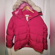 LL BEAN red goose down puffer jacket with removable hood MP