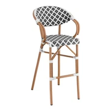Bistro Style Outdoor Barstool Chair With Black/White Weave Rattan & Aluminum Fra