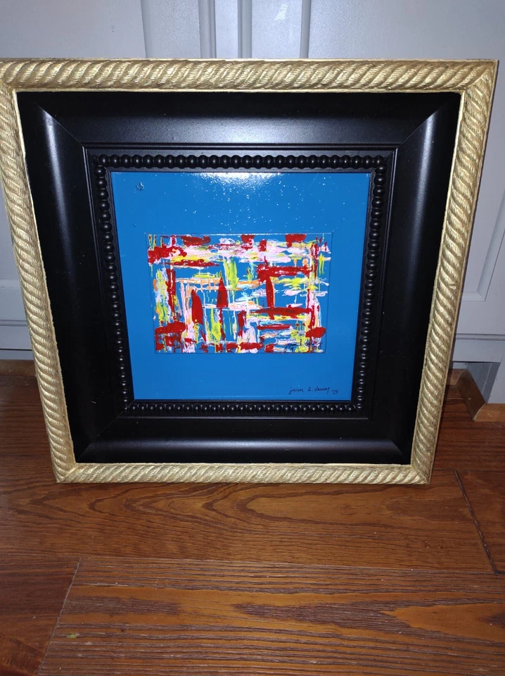 Pintura acrílica abstracta de arte moderno firmada enmarcada grande con certificado de autenticidad multicolor Foto 3 de 4