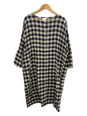 Ichi Long Sleeve Dress Antiquites Women's  Cotton Linen Gingham Check Navy Japan