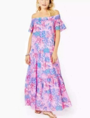NWT Lilly Pulitzer Dezi Off Shoulder Maxi Dress Pink Isle Snappy Turtle XS $208