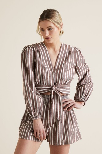 SEED HERITAGE Brown White Stripe Tie Front Full Sleeve Top, Size 14, RRP $99 - Picture 3 of 10