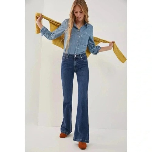 NWT Paige Genevieve Modern High Rise Flare Jeans Dark Denim Blue 27 - Picture 2 of 16