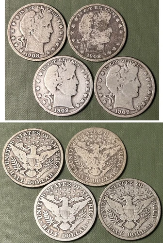 4 x 1908 P-D-O-S Barber Half Dollars As Pictured 50C - Free Shipping - Set Break