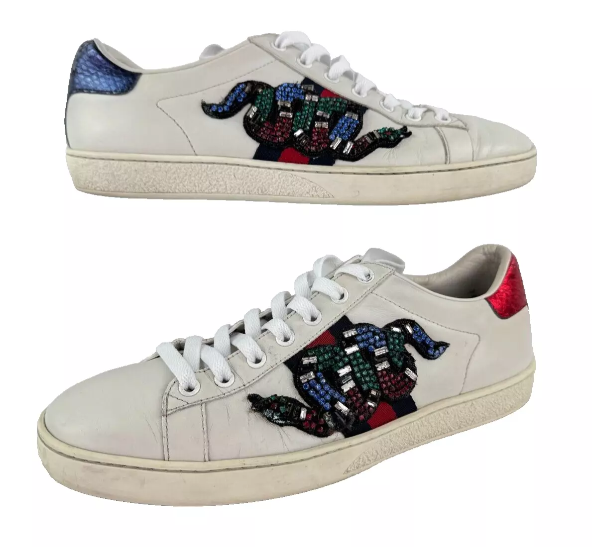 Chaussures baskets femme Gucci Auth 10 US 40 EU Ace cuir blanc brodé serpent