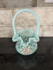 Fenton Historical Collection AQUA Opalescent Diamond Optic Ruffle Basket
