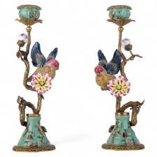 Porcelain Bird Candle Holders Candelabra Bronze Ormolu Turquoise Accent Set Of 2