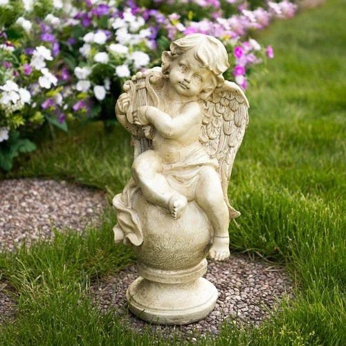 Northlight 12IN Heavenly Gardens Almond Brown Cherub Lyre Garden Statue