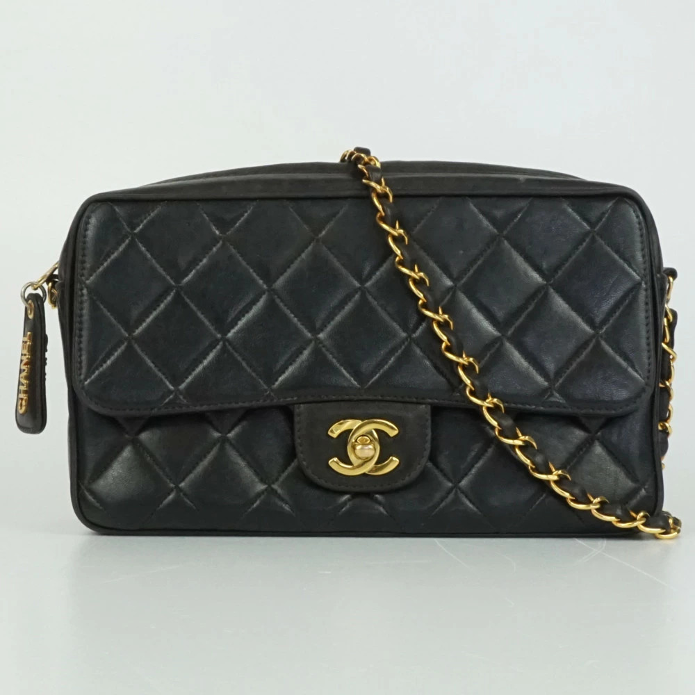 Chanel Matelasse Black Gold Chain Shoulder Crossbody Bag with Turn Lock