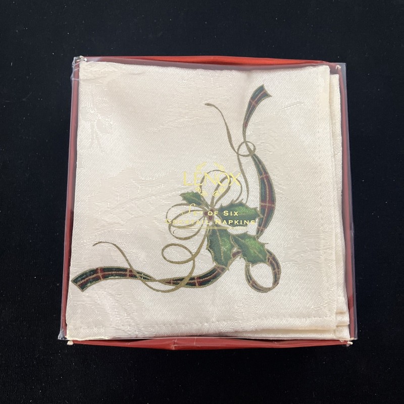 Lenox Holiday Cloth Cocktail Napkin Ribbon Holly Leaf Christmas Set 6 10" x 10"