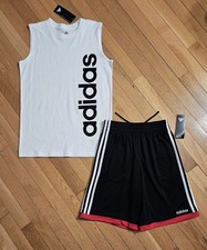 NEW ADIDAS Youth Big Boy Tank Top  Drawstring Short Set, White/Black YM 
