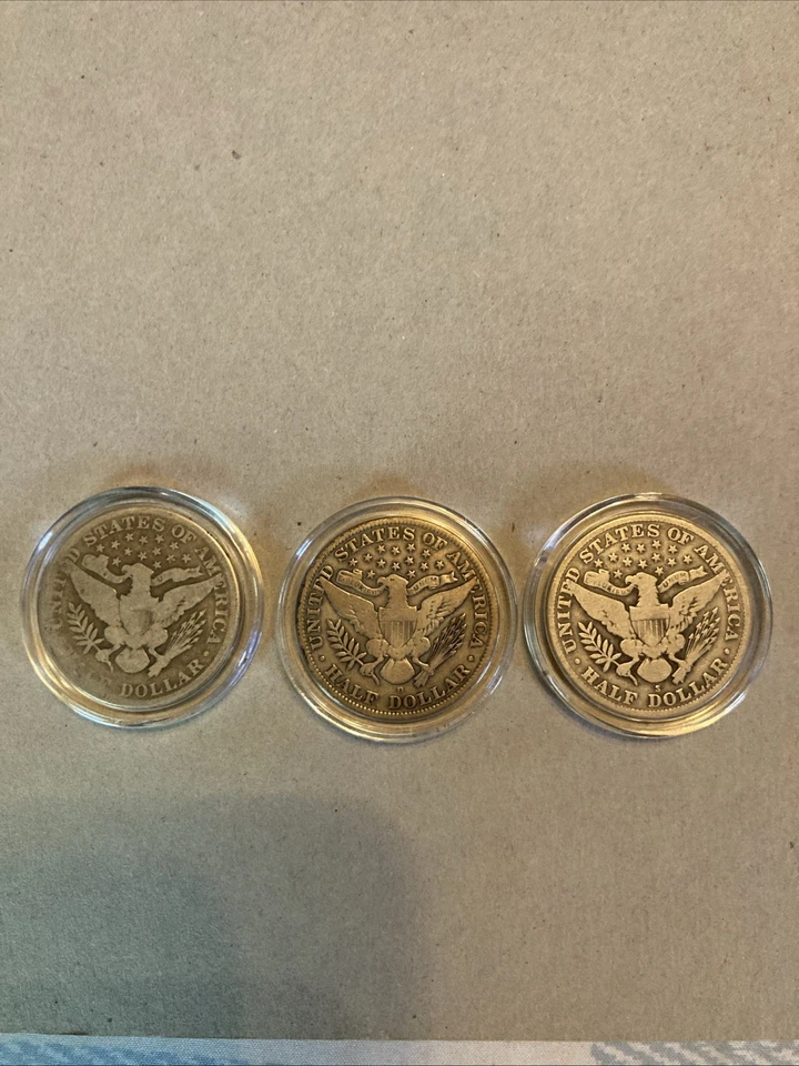 90% Серебряный Барбер половина долларов набор из 3 1915 P, D и S низкий тираж редкий год   - Изображение 2 из 4