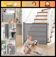 Retractable Baby Gate 55" Wide - 34" Tall Mesh Dog Gate for Stairs, Doorways, In