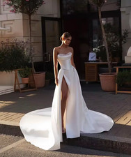 Pearl Wedding Dresses With backless Slit A Line Ball Gown Strapless Bridal Gowns