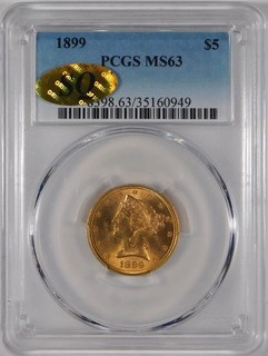 1899 $5 Liberty Head Gold Half Eagle PCGS MS63