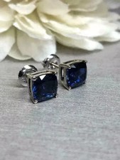 2CT Cushion Cut Blue Sapphire Lab Created Stud Earrings 14K White Gold Plated